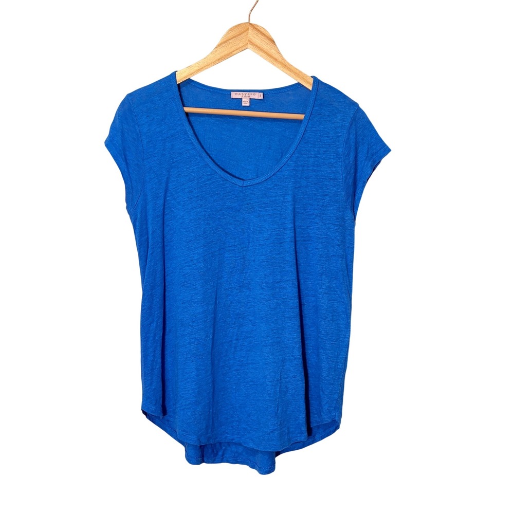 Womens Cobalt Blue 100% Linen V-Neck Shirt Small Short Sleeve Oversized Coastal